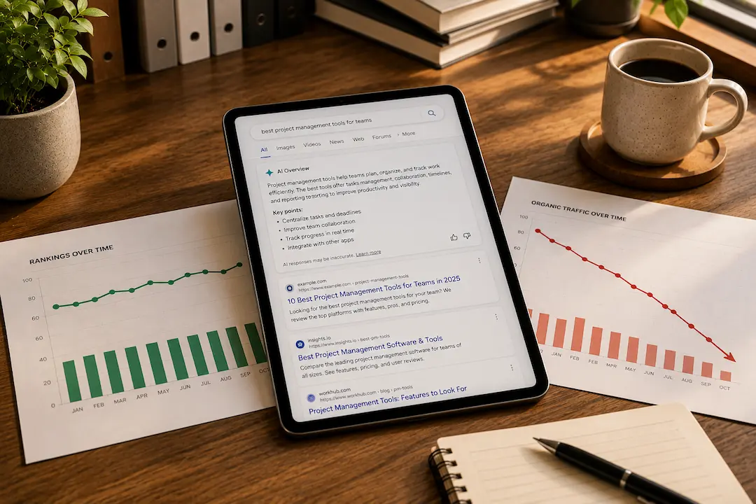 iPad displaying an AI Overview-style search summary beside SEO reports showing stable search rankings and declining organic traffic on a professional office desk.