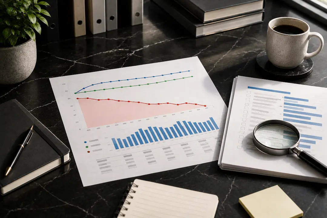 Magnifying glass examining SEO performance reports with stable rankings and declining organic traffic on a black marble desk, representing a Google Search Console diagnostic for AI Overview traffic loss.