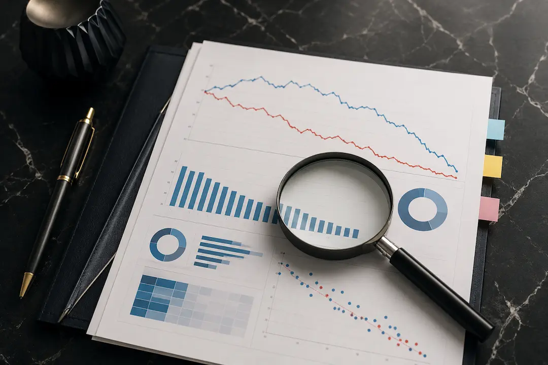 Printed analytics report with declining traffic charts and a magnifying glass on a black marble desk, representing AI traffic loss diagnosis.