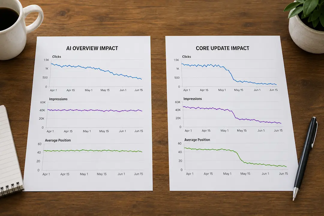 Side-by-side analytics reports comparing AI Overview impact, where clicks fall but impressions and rankings remain stable, with a core update affecting all metrics.