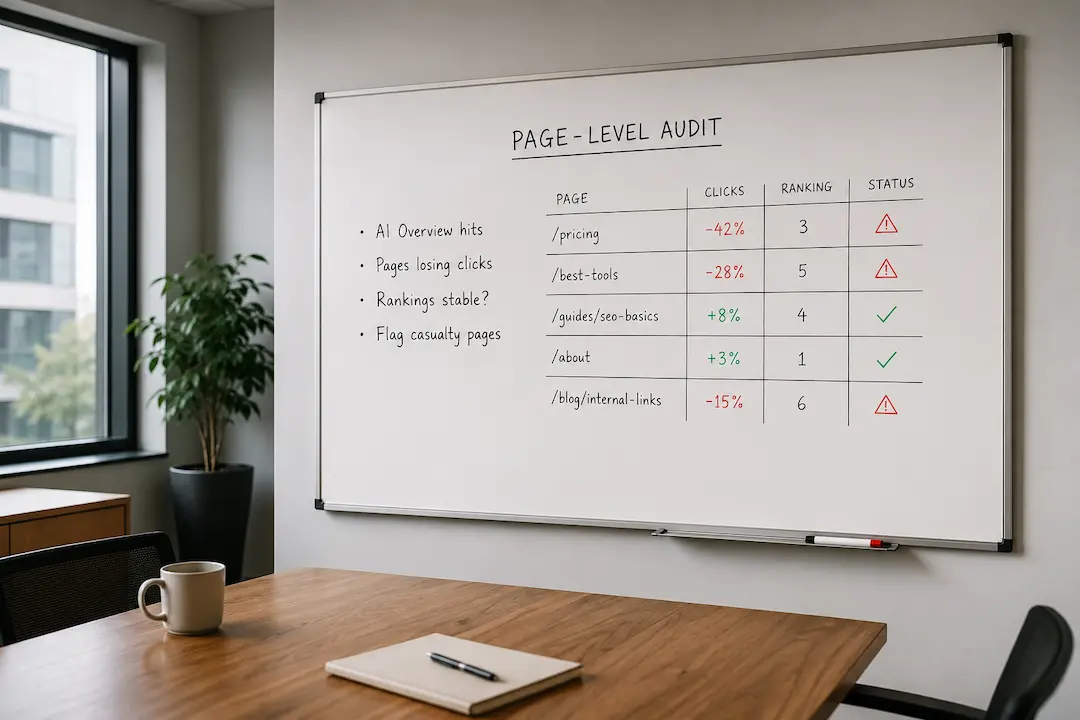 Modern office whiteboard displaying a page-level audit with AI Overview hits, click losses, stable rankings and flagged casualty pages.
