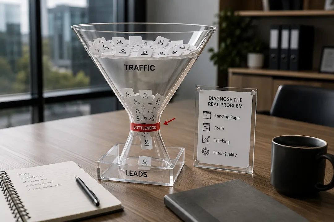 Transparent conversion funnel showing website traffic stuck at a bottleneck, with only a few leads reaching the bottom during a lead drop diagnosis.