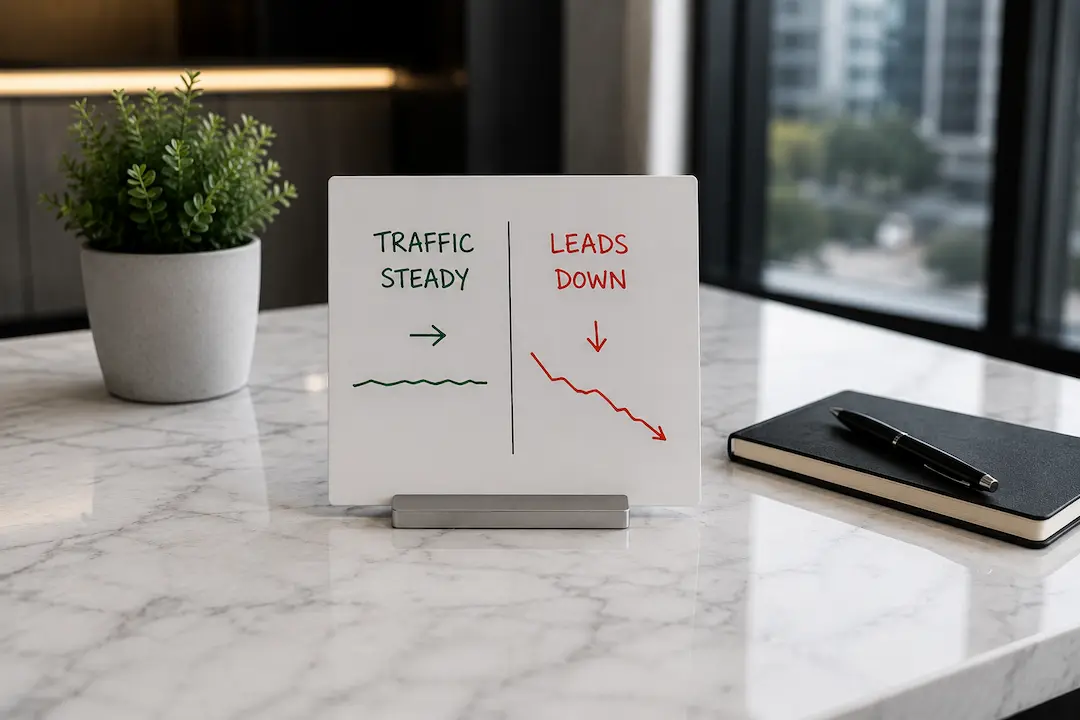Minimal office scene showing steady website traffic and declining leads on a sign placed on a white marble table.