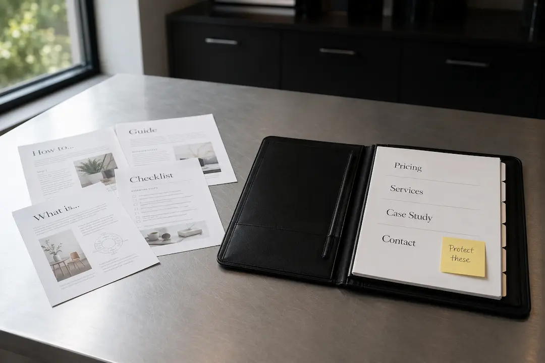 Modern office desk with informational content pages beside a folder containing pricing, services, case study and contact pages, illustrating protection of high-value pages from AI traffic loss.