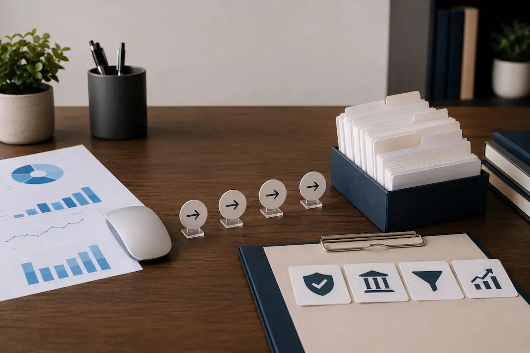 Office desk with analytics charts, organised files and directional markers representing the shift from clicks to AI citations and lead flow.