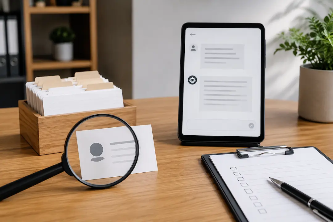 Magnifying glass examining a brand profile card beside an AI chatbot screen, representing a check of whether ChatGPT recognises the brand.