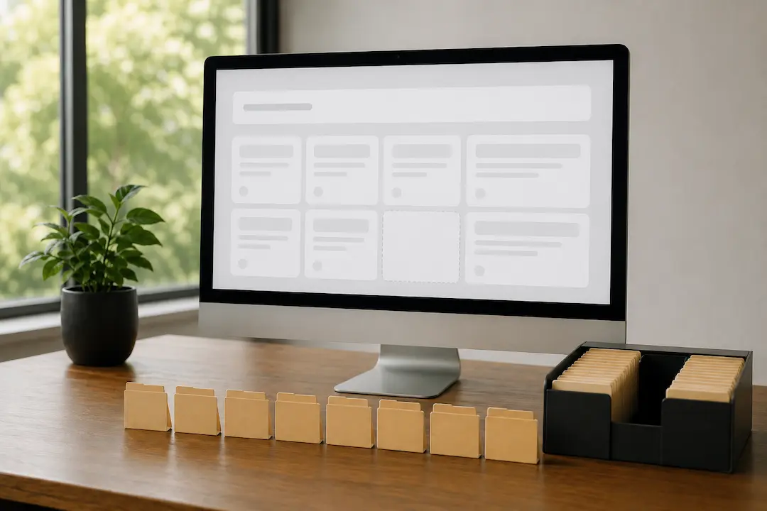 Desktop screen with one missing result among content cards and folders, representing seven reasons a brand may be absent from AI answers.