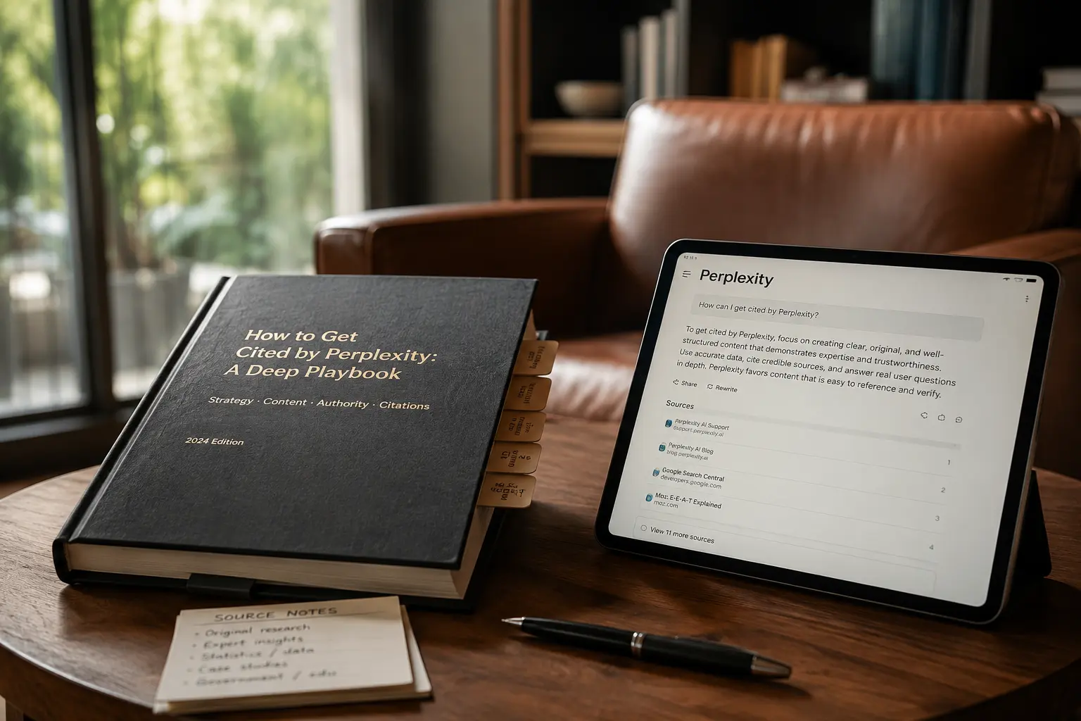 A Perplexity search result with cited sources displayed beside a detailed strategy playbook, representing how businesses can improve their chances of earning citations in Perplexity.